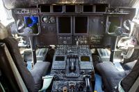 Captain and first officer's seats, control columns, instrument panels and the pedestal in the cockpit aboard United States Air Force Reserve 403d Wing 53d Weather Reconnaissance Squadron 'Hurricane Hunters' WC-130J Hercules 75304.