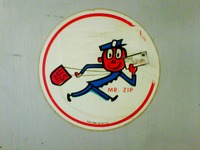 Mr. ZIP sticker 'POD SIGN 53 MAY 63' on the W. Haydon Burns Building's (1966) mail chute collection box in the basement.