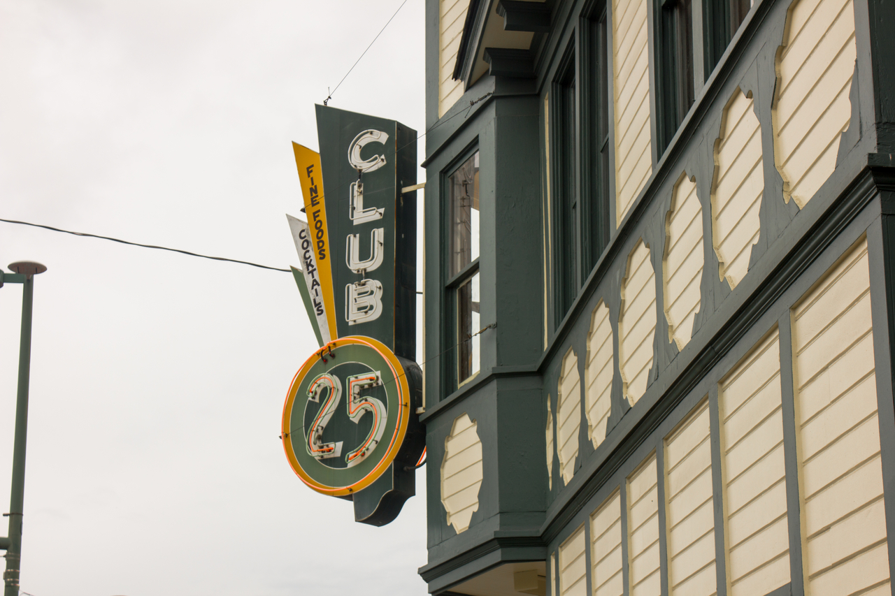 The neon sign for Club 25 at the Wendler Building (1915) in downtown Anchorage.