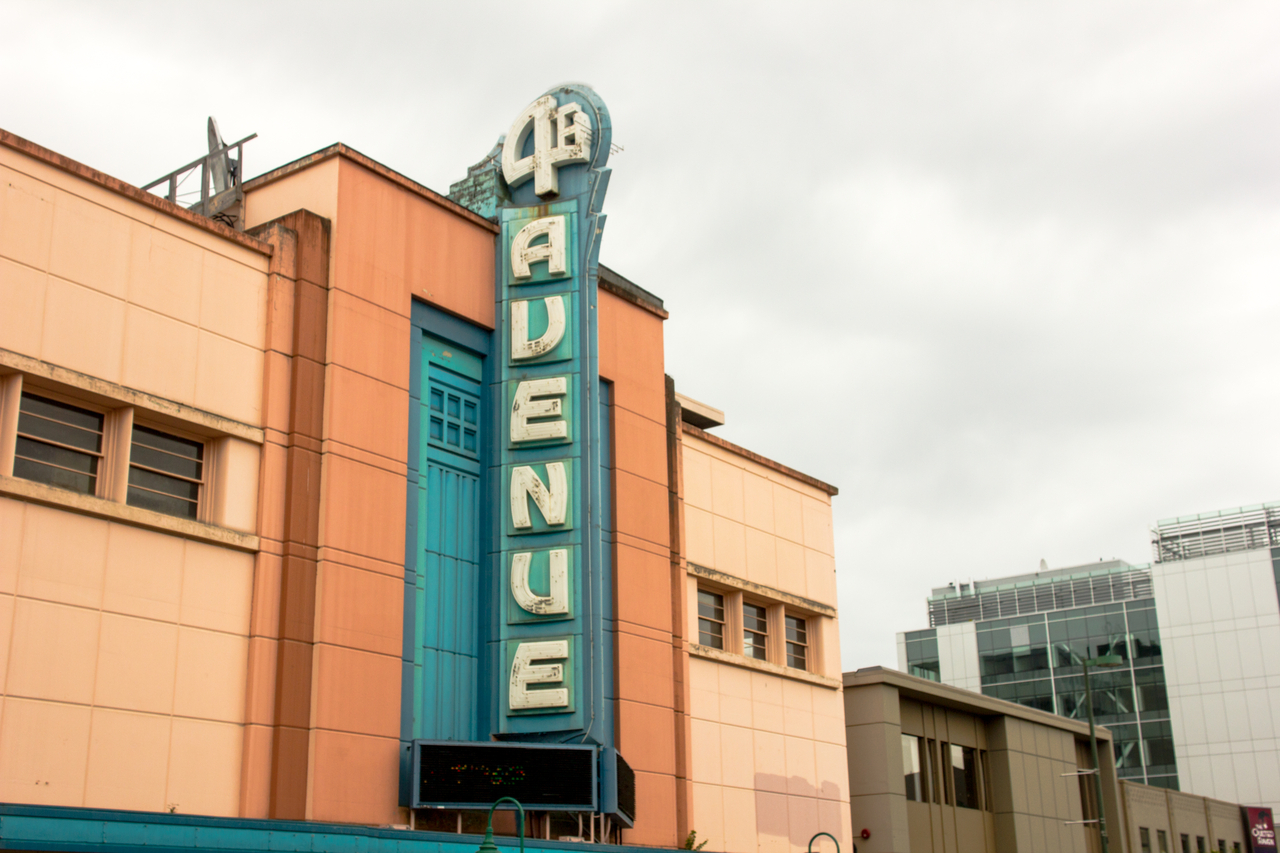 The neon sign and marquee for the Fourth Avenue Theatre at the Lathrop Building (1947) in downtown Anchorage.