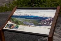 Educational sign from the National Park Service at a lookout on the Edge of the Glacier Trail about scientists' study of Exit Glacier and its recession.