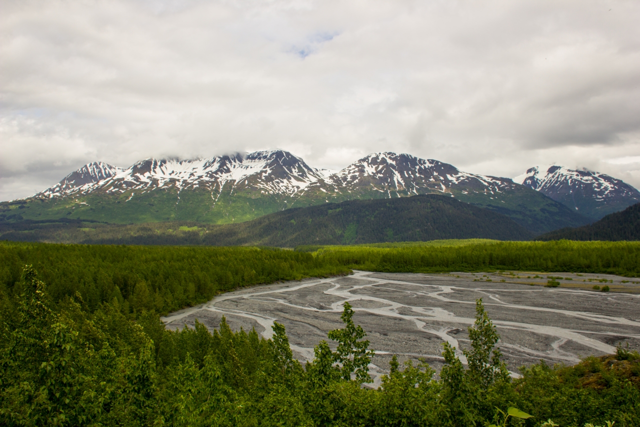 Outwash plain, forests and mountains from a lookout on the Edge of the Glacier Trail.