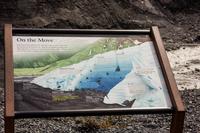 Educational sign from the National Park Service at a lookout on the Edge of the Glacier Trail about Exit Glacier's movement and associated features.