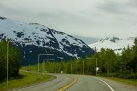 Kenai Mountains surrounding the valley and snow marker poles lining the roadway just outside Williwaw Campground.