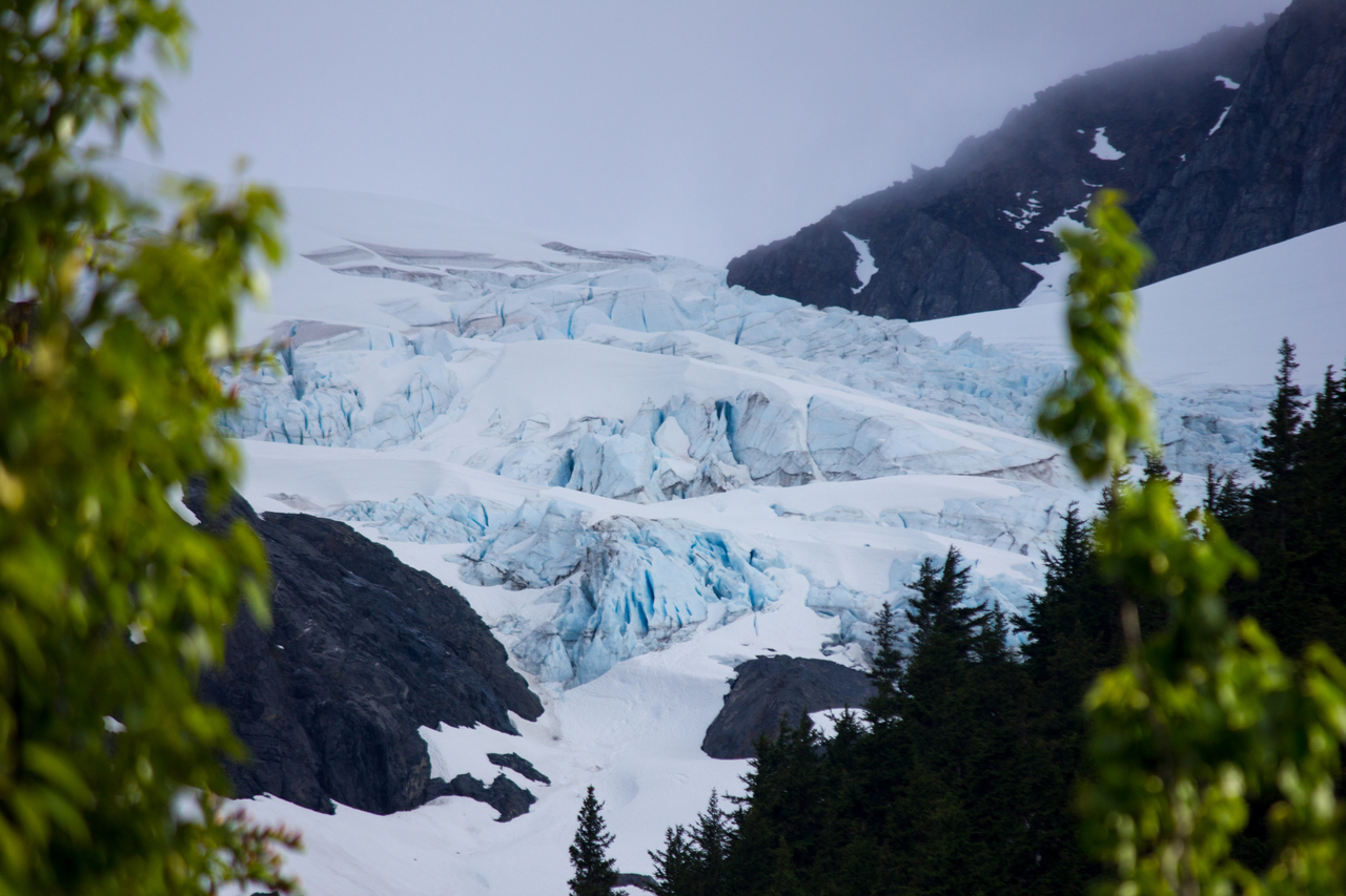 The blue ice of Middle Glacier in the Kenai Mountains visible from our Williwaw Campground site in the Chugach National Forest.