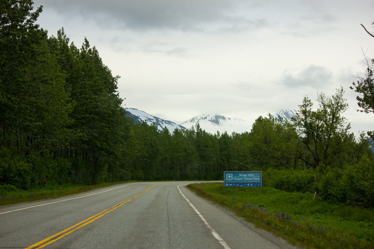 United States Forest Service roadside sign for Portage Valley in the Chugach National Forest.