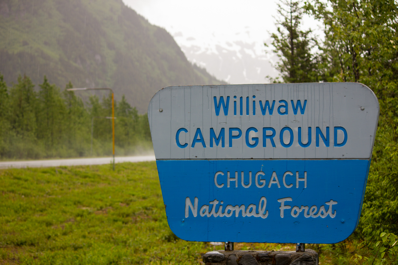 Entrance sign for the Williwaw Campground in the Chugach National Forest.