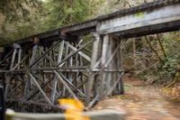 Shady Gulch Trestle (c. 1895–1905) carrying railroad tracks originally part of Southern Pacific Railroad over Shady Gulch and what was Eben Bennett's toll road, but used today by the Santa Cruz, Big Trees and Pacific Railway.