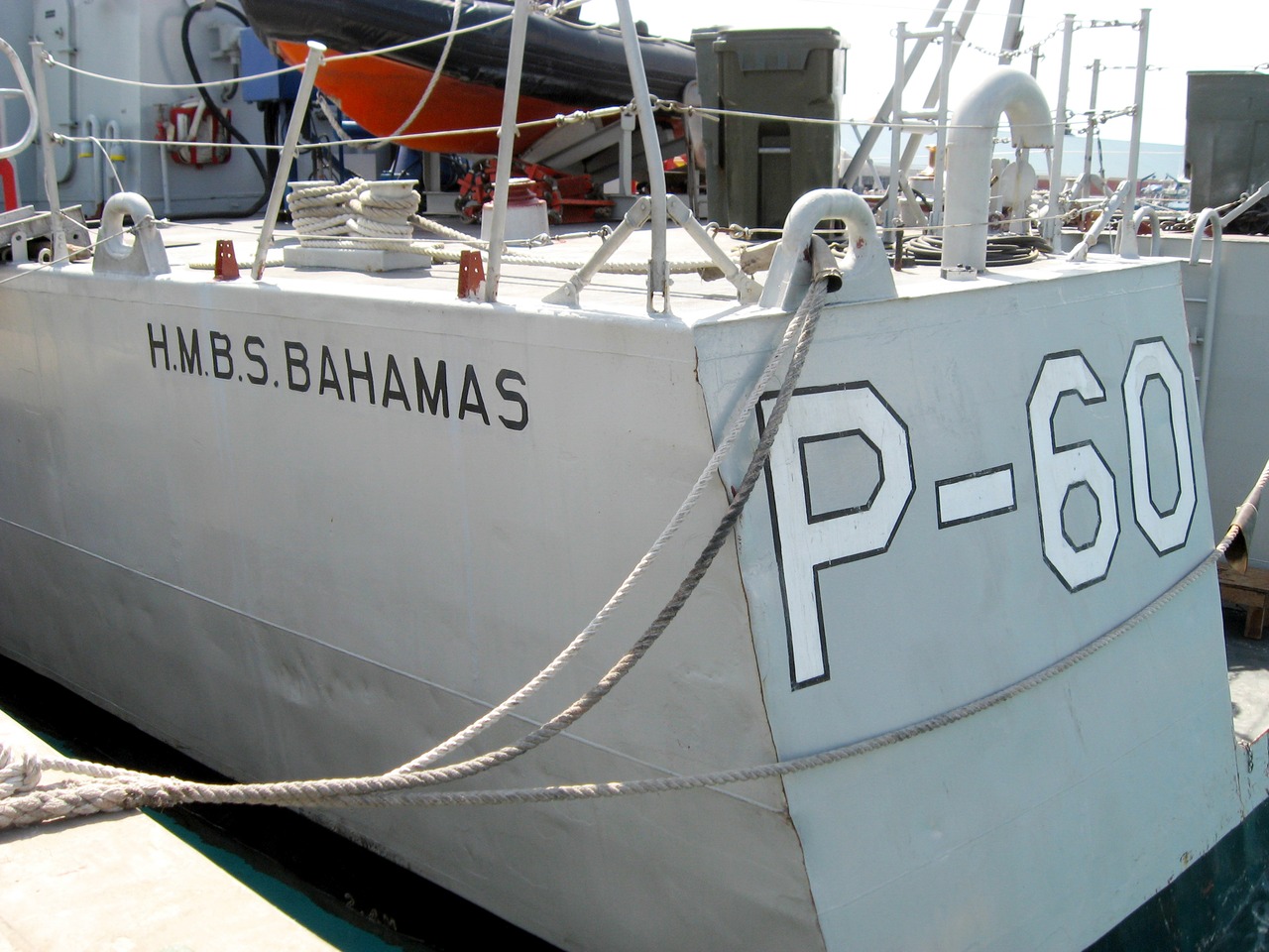 Royal Bahamas Defence Force offshore patrol vessel HMBS Bahamas P-60 docked at Prince George Wharf, Port of Nassau.