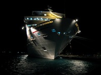 Carnival Sensation docked at Prince George Wharf, Port of Nassau at night.
