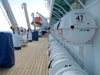Rows of Viking Life-Saving Equipment inflatable life rafts along the Deck 10 starboard forward exterior corridor on Carnival Sensation.