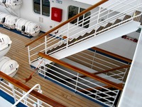 Starboard exterior stairway at Deck 10 forward, seen from the Deck 11 forward lookout above the bridge on Carnival Sensation.