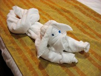 Cow cabin turndown towel animal (3/3) on the bed, seen in Cabin E-220, Deck 7 port aft on Carnival Sensation.