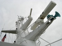 Forward navigational radar platform and main horn, seen from the Deck 14 forward lookout on Carnival Sensation.