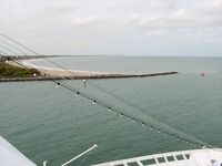 The southern coastline of Cape Canaveral Air Station and Canaveral Bight, seen from the Deck 11 forward lookout above the bridge on Carnival Sensation.