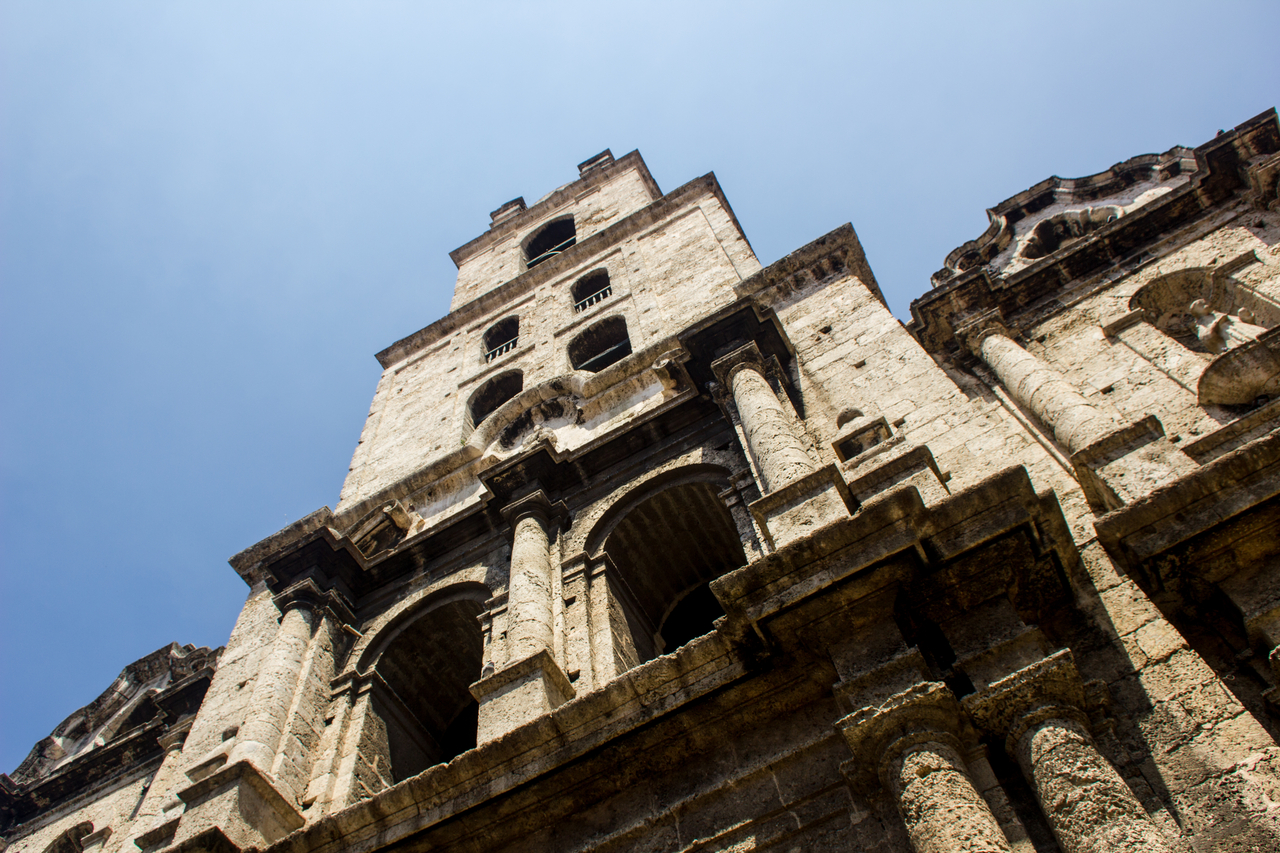 The western face of the Basílica Menor de San Francisco de Asís bell tower in Havana, Cuba.