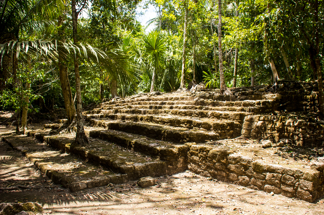 Stone stairs of Las Vias previously part of homes at the Chacchoben Mayan archeological site in Quintana Roo, Mexico.