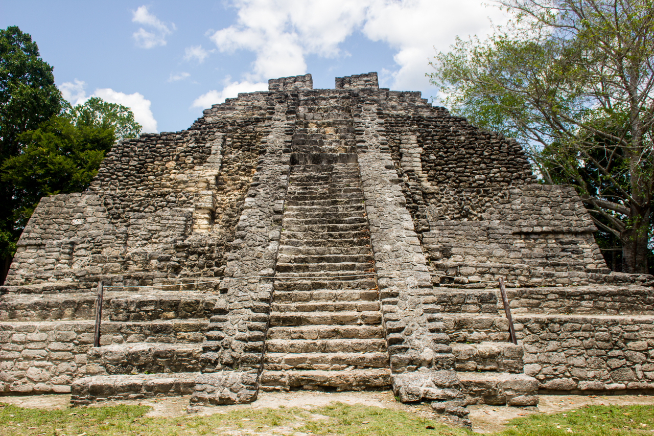 The southern side of Las Vasijas atop Gran Basamento at the Chacchoben Mayan archeological site in Quintana Roo, Mexico.