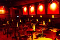 The intimate seating area of Stage 3 at the Rockwood Music Hall in New York City during the sound check for the premiere show in Blow Up Hollywood's 'Blue Sky Blond' album tour.
