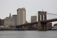 The Brooklyn Bridge (1883) western tower, One Brooklyn Bridge Plaza (1975) and Manhattan Municipal Building (1914) from the riverside path at Brooklyn Bridge Park (2010) Pier 1.