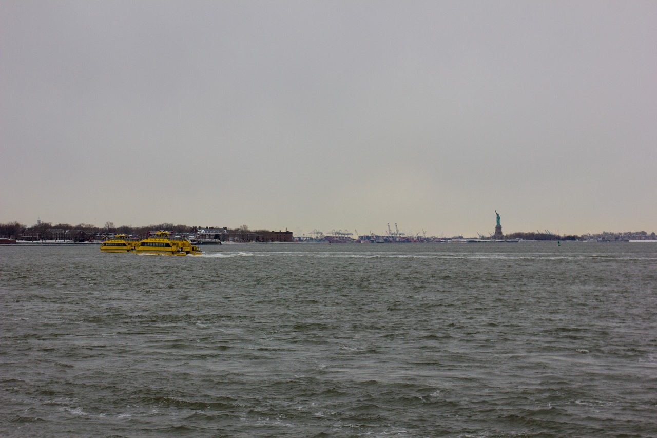 The Statue of Liberty (1886), two New York Water Taxi ferries and Governors Island from the southwest corner of Brooklyn Bridge Park (2010) Pier 1.