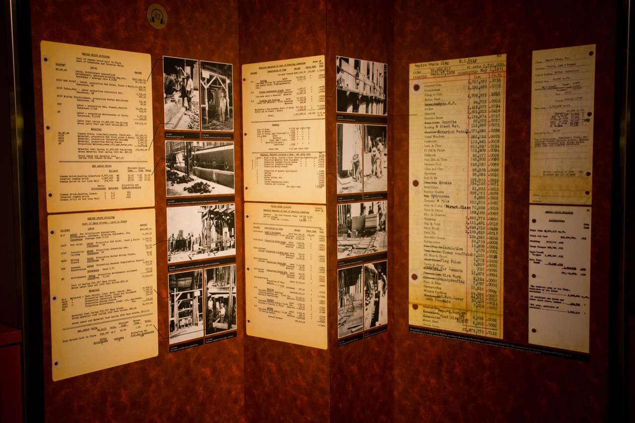 Information panel with building materials lists, prices, cost analyses and photographs in the 80F visitors center of the Empire State Building (1931).