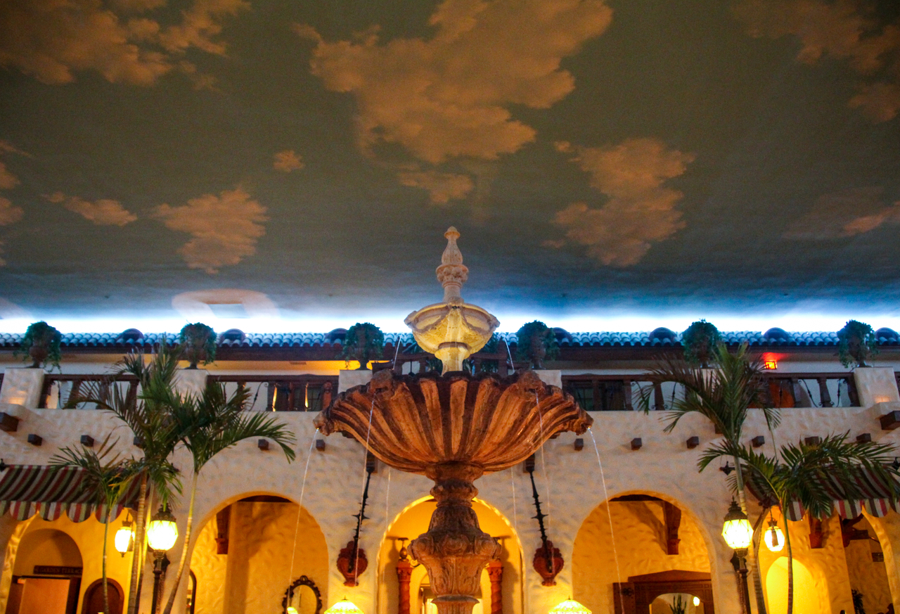 Emerging from the Iberian Lounge into the Cuban-inspired faux courtyard called The Fountain Lobby inside The Hotel Hershey (1932) in Hershey, Pennsylvania.