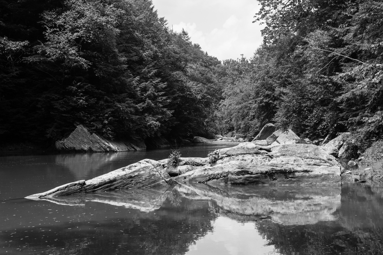 Boulders in Slippery Rock Creek just north of the dam and historic mill of McConnells Mill State Park.