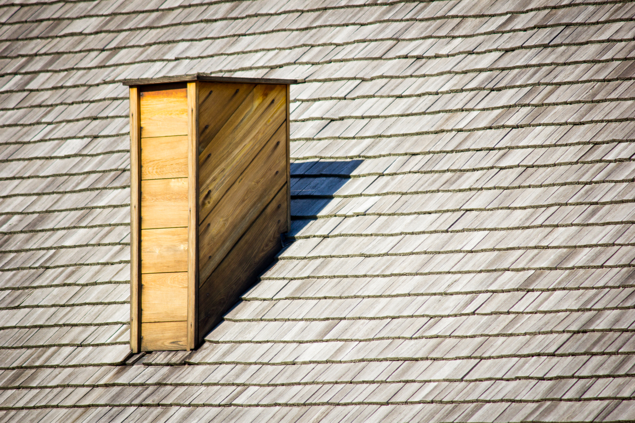 Wooden chimney and roof shingles atop the reconstructed Distillery (2007) building at the Mount Vernon Gristmill and Distillery.
