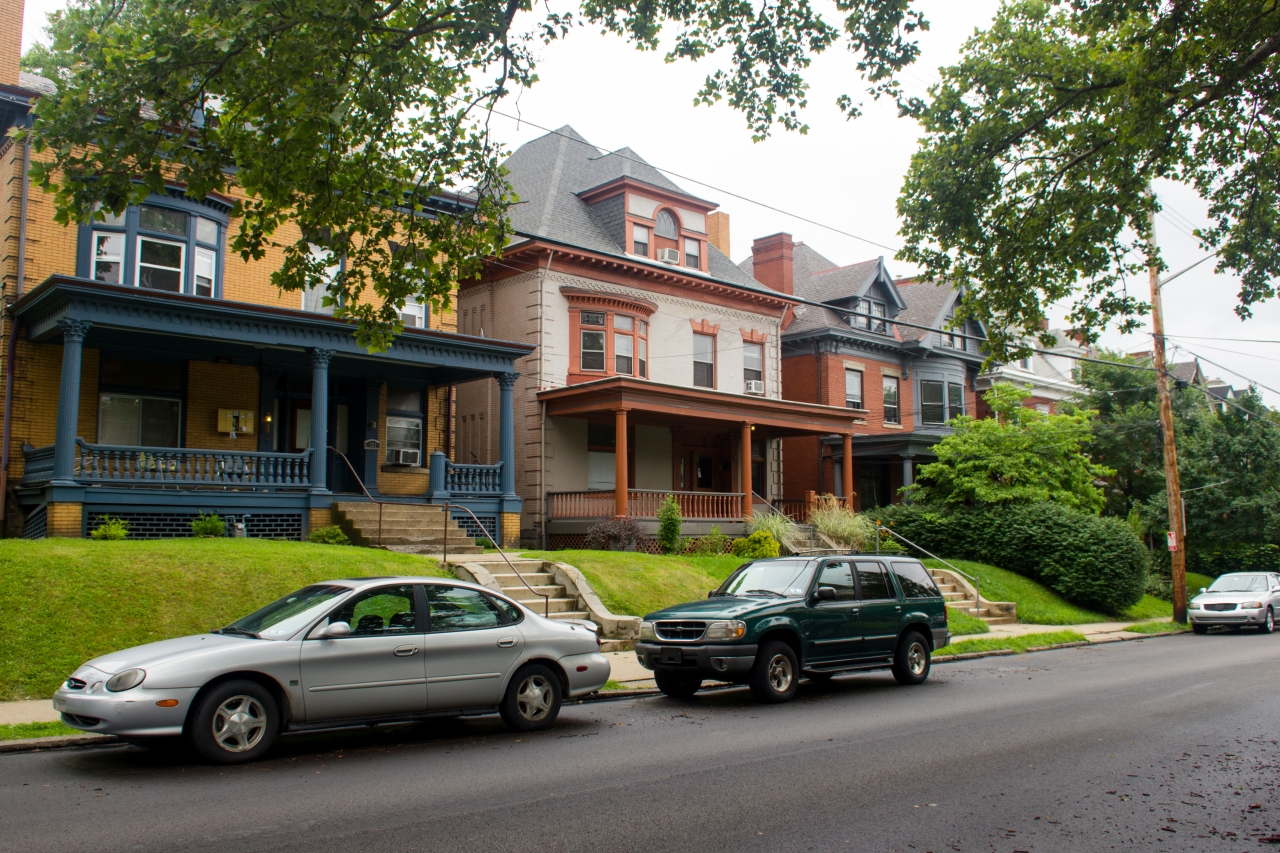 Two homes to the north of the old style single family home at 359 South Atlantic Avenue (1913) in the Friendship neighborhood of Pittsburgh, Pennsylvania.