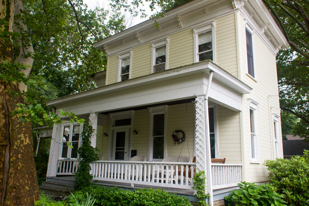 The front stairs, porch and door of the single family home at 145 Wayne Street (1920) in the Wayne Park neighborhood of Beaver, Pennsylvania.