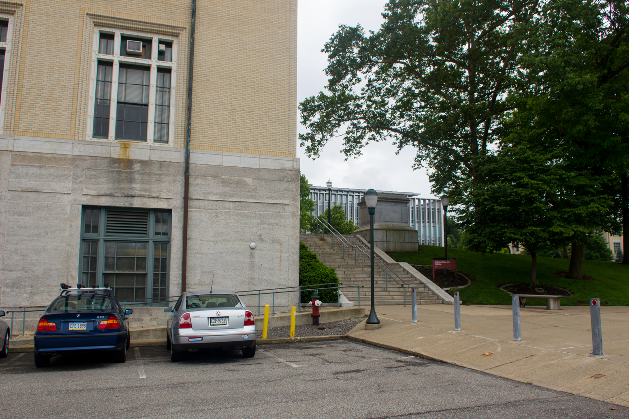 Stairs to the College of Fine Arts Building (1916) main entrance from the Fine Arts Parking Lot (P8) at Carnegie Mellon University.