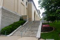 Stairs to the College of Fine Arts Building (1916) main entrance from the Fine Arts Parking Lot (P8) at Carnegie Mellon University.