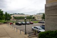 The Fine Arts Parking Lot (P8), Jared L. Cohon University Center (1996) and Margaret Morrison Carnegie Hall (1914) from outside the College of Fine Arts Building (1916) at Carnegie Mellon University.