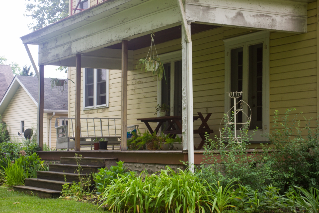 The back stairs, porch and door of the single family home at 145 Wayne Street (1920) in the Wayne Park neighborhood of Beaver, Pennsylvania.