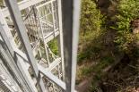 Looking down toward Niagara Glen Nature Reserves Main Loop Trail along the Wintergreen Cliff from atop an eighty-stair metal access tower near the Niagara Glen Nature Centre — photograph by David July