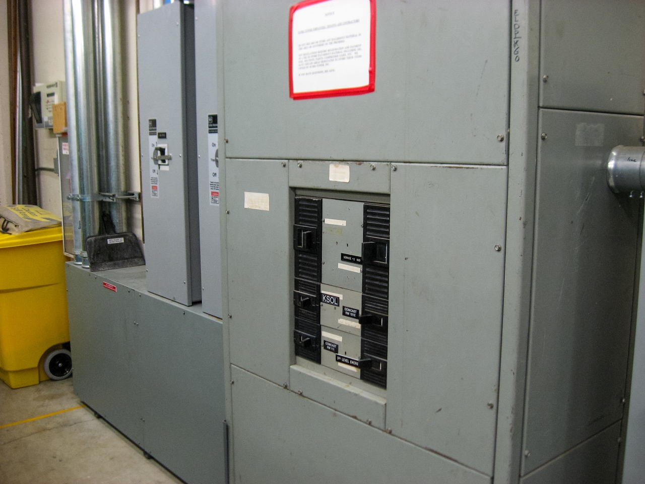 Humongous circuit breaker switches for various rooms and systems at Sutro Tower.