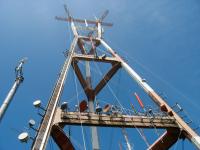 Looking up at Sutro Tower from the roof of the equipment building.