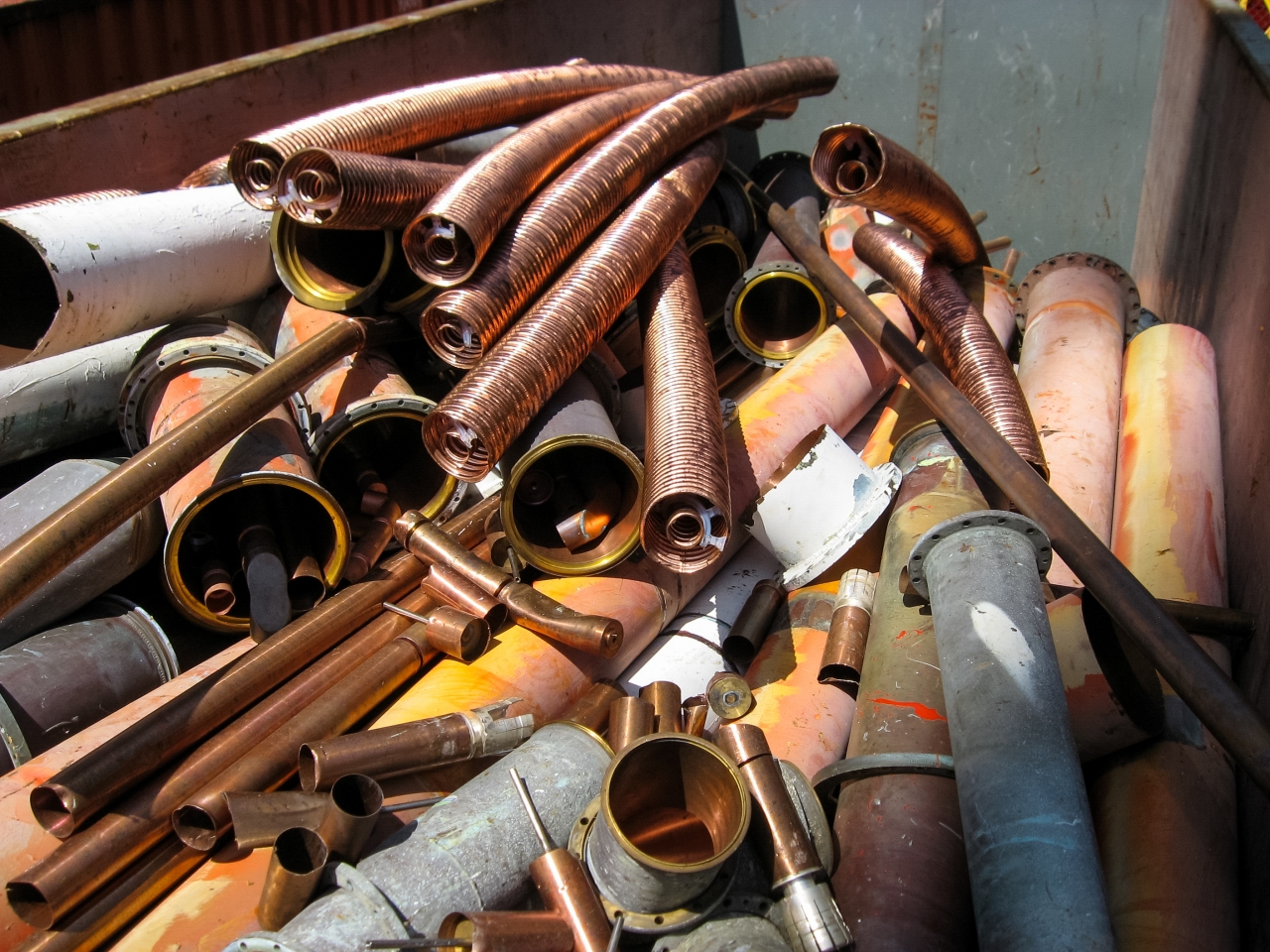 Tons of copper recently removed from Sutro Tower inside a large dumpster parked at the western leg.