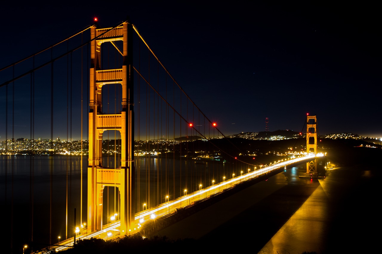 Thirty-second exposure from Hendrik Point at Battery Spencer of the Golden Gate Bridge (1937), northwestern San Francisco and Sutro Tower (1972).
