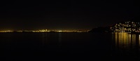 Two photo panorama from the The Trident of Oakland, the Bay Bridge, Yerba Buena Island, San Francisco, Sutro Tower and homes in the hills of Sausalito.