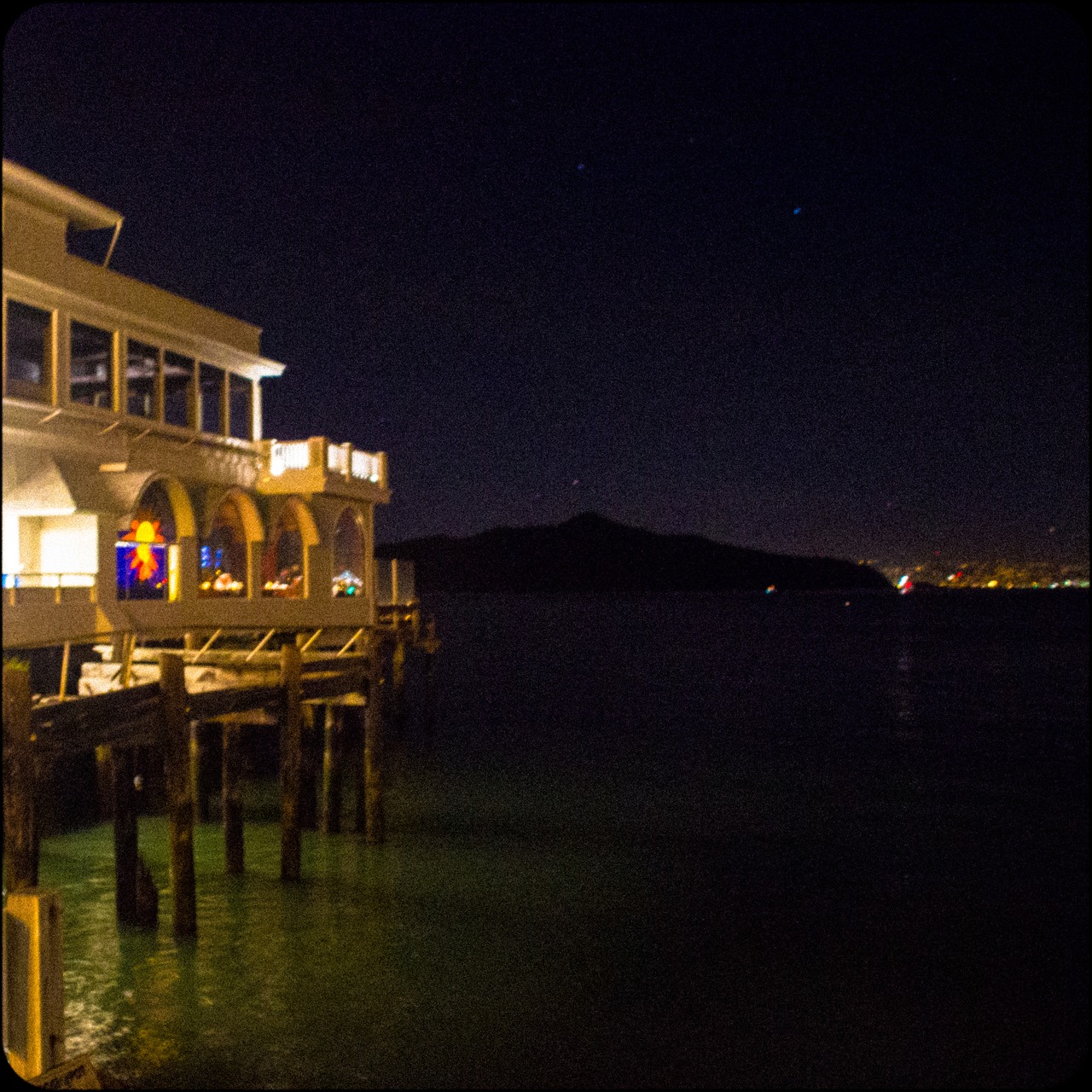 The Trident perched in the bay, its southern windows that provided us with a great view with dinner and Angel Island beyond to the east.