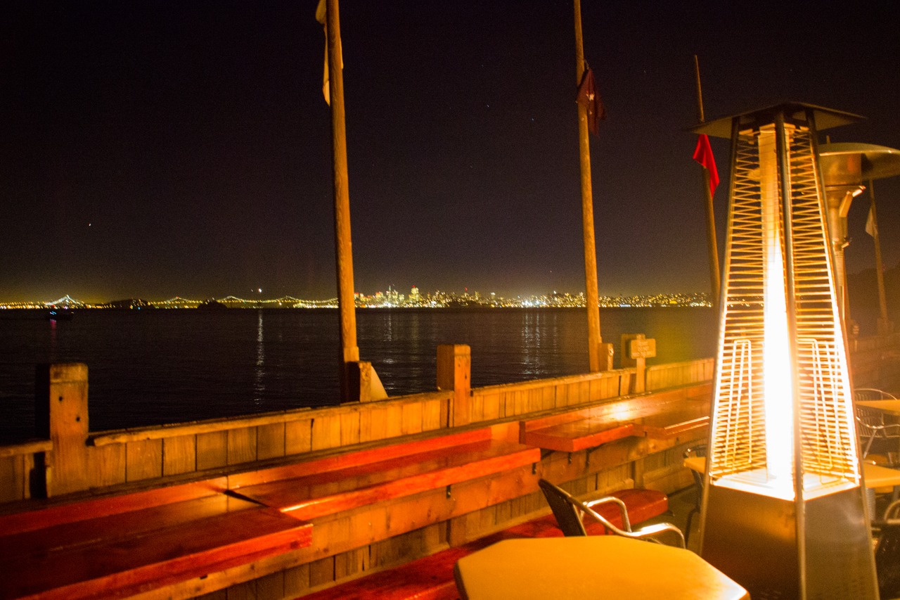 The wonderful outside seating area at The Trident kept warm by Tower of Fire heaters has a great view of San Francisco, Sausalito and beyond.
