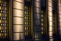 Illuminated wall and windows on the northwest exterior of Griffith Observatory (1935).