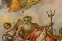 Roman god of freshwater and the sea Neptune in the Marine scene of Constantino Brumidi's fresco 'The Apotheosis of Washington' (1865) on the dome of the United States Capitol (1811/1866) from the center of the rotunda floor.