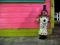 Fire hydrant painted like a fire house dalmatian at HarborWalk Village.