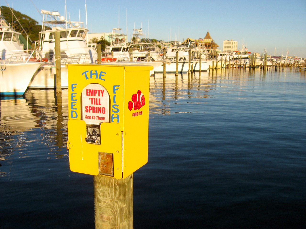 'Feed the Fish' food dispenser at HarborWalk Marina next to The Lucky Snapper Grill & Bar.