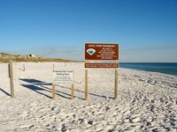 Henderson Beach 'State Park Boundary' and 'Protected Sea Turtle Nesting Area' signs on the beach near Silver Shells Resort.