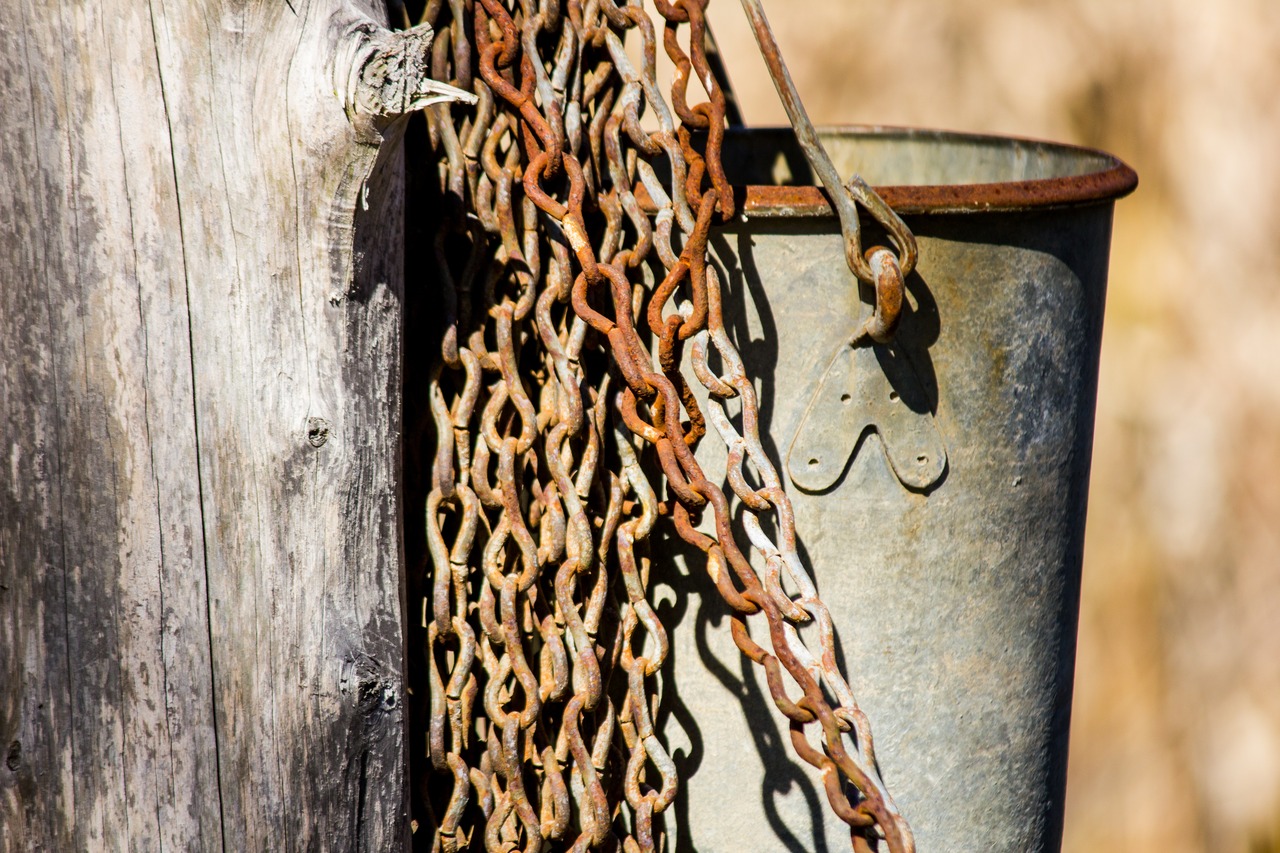 Metal bucket and chains hanging on the well's wooden arch at Dudley Farm Historic State Park.