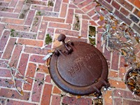 Majestic metal hinged cover with foot pedal outside The Waldorf (1929) at Pebble Hill Plantation.